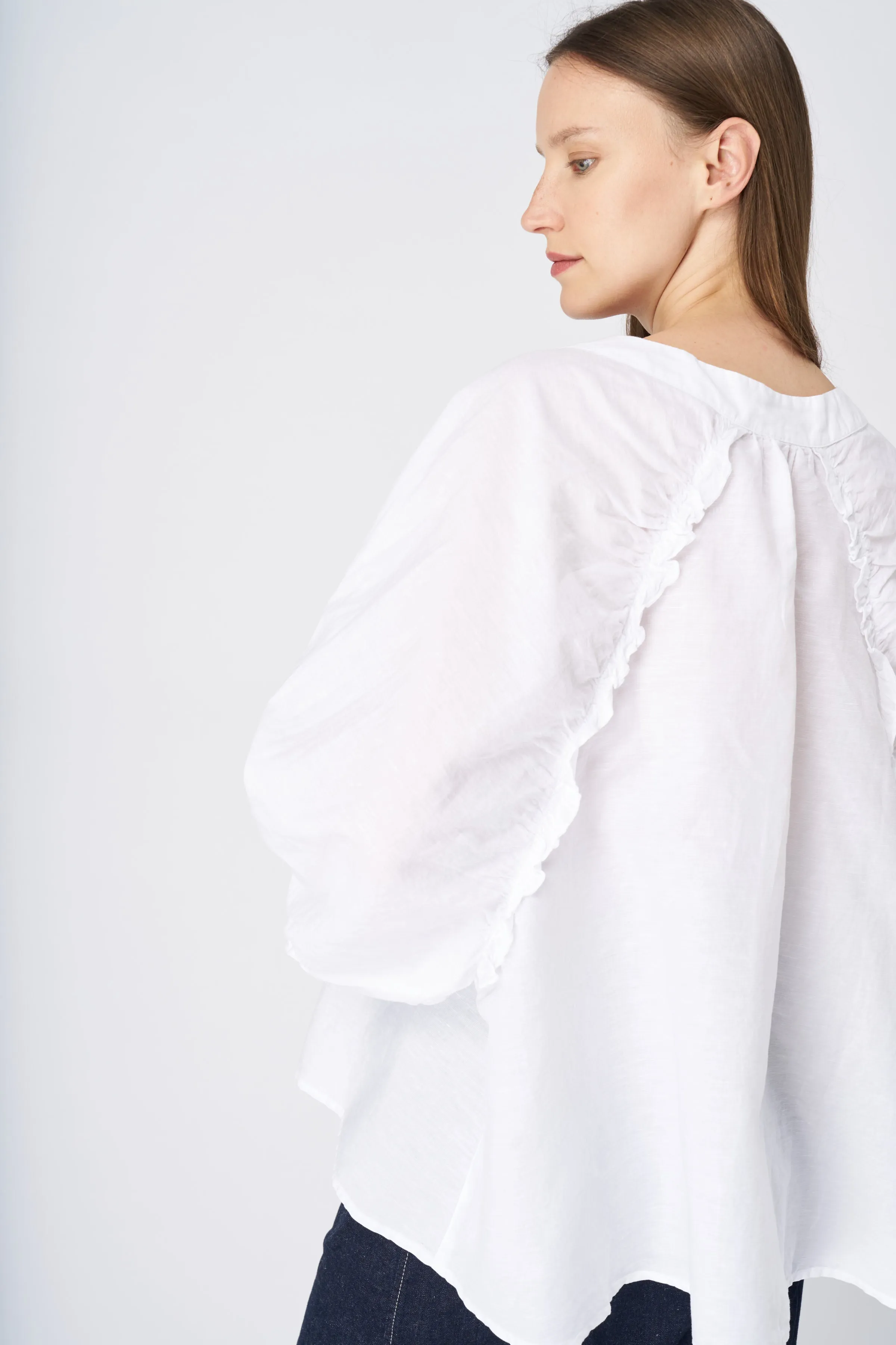 Ruffled Neckline Linen Peasant Blouse