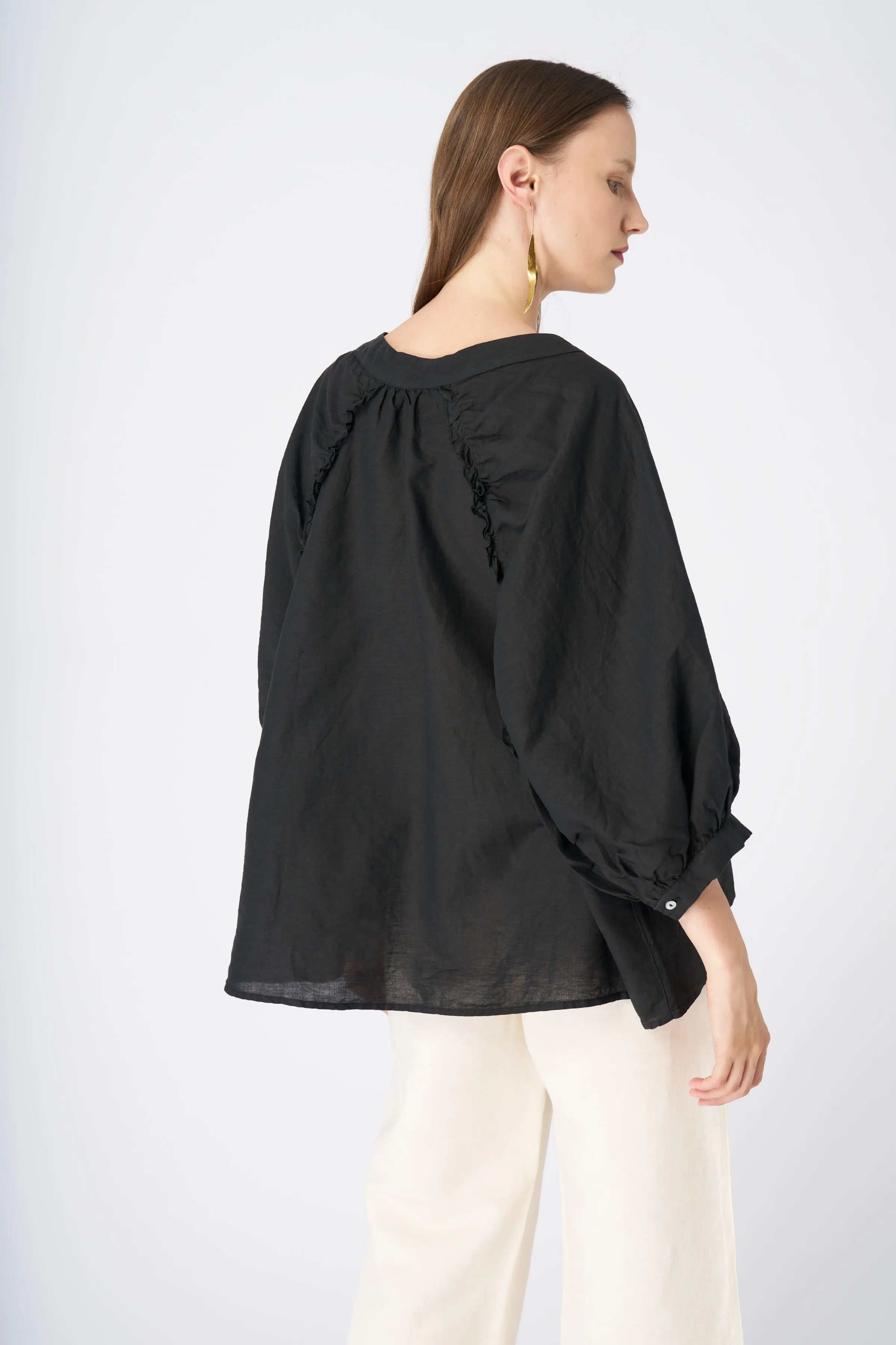 Ruffled Neckline Linen Peasant Blouse