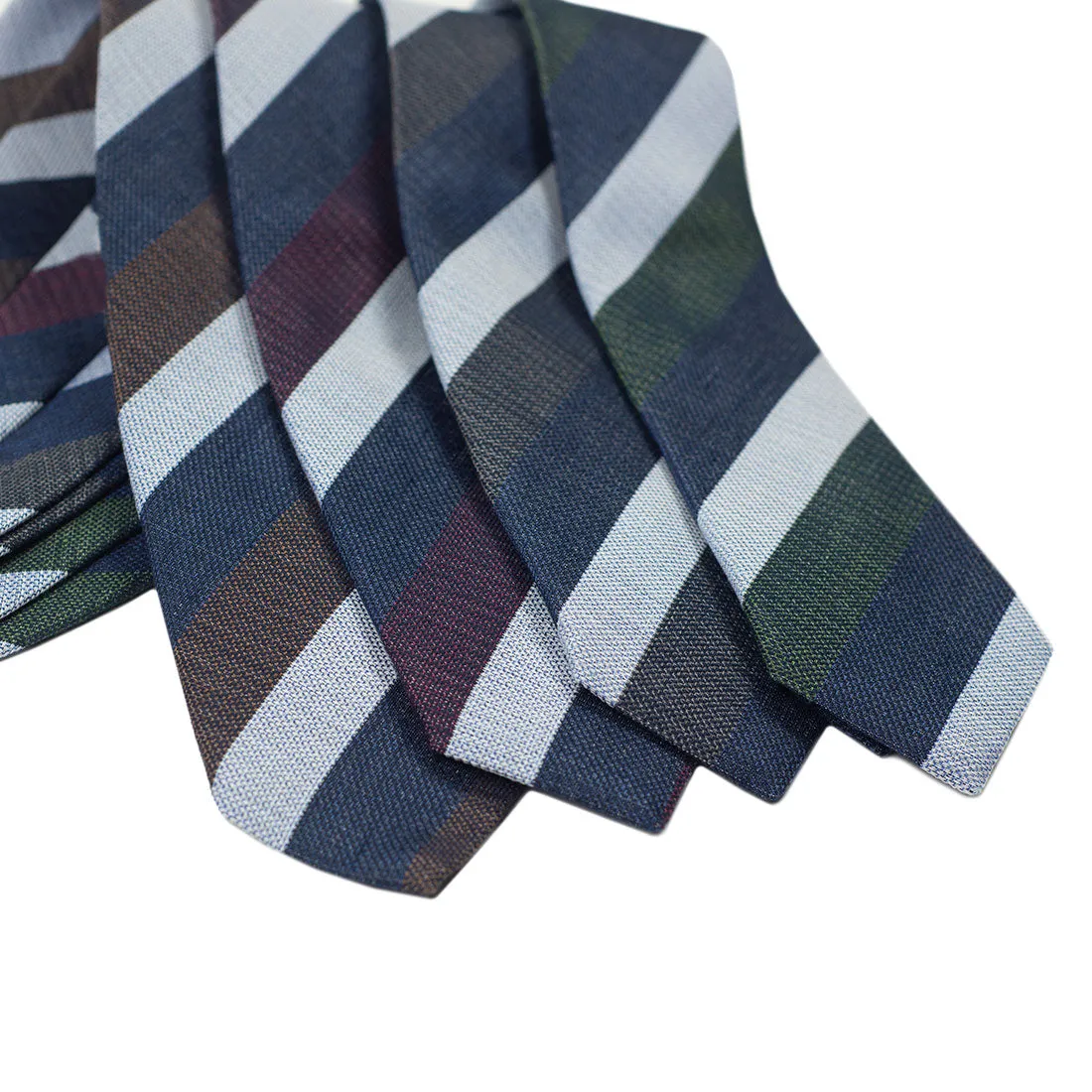 Silk & linen block stripe tie, brown navy and ice