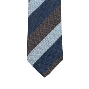 Silk & linen block stripe tie, brown navy and ice