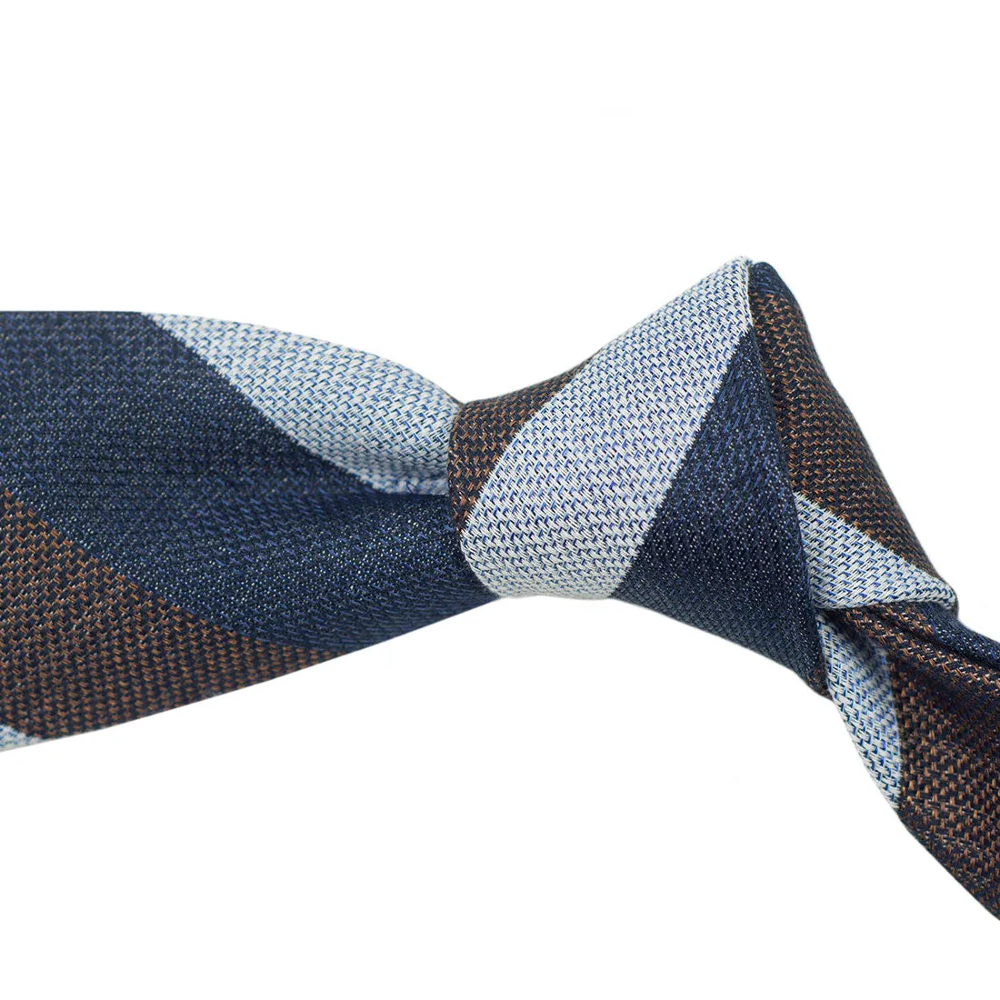 Silk & linen block stripe tie, brown navy and ice