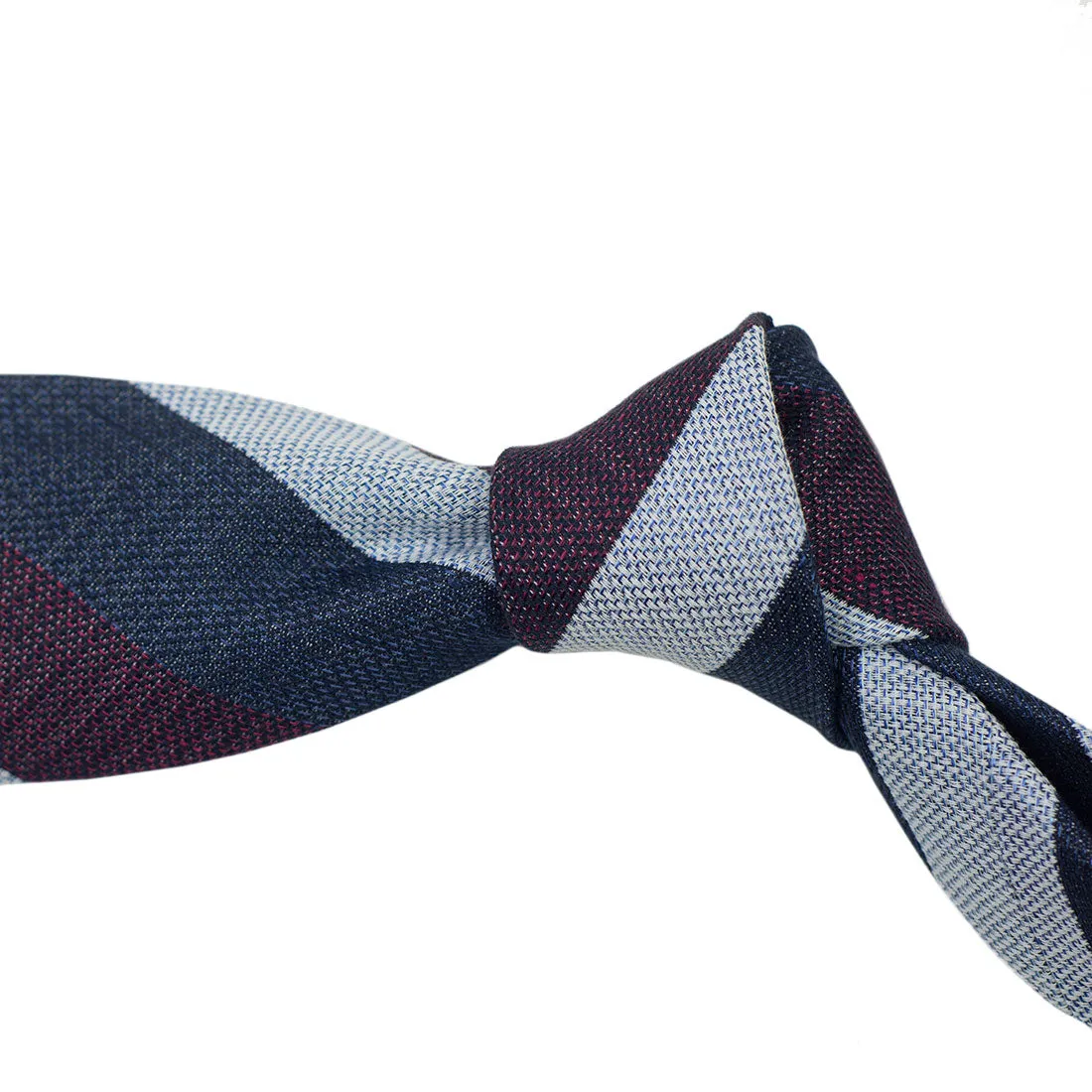 Silk & linen block stripe tie, burgundy navy and ice