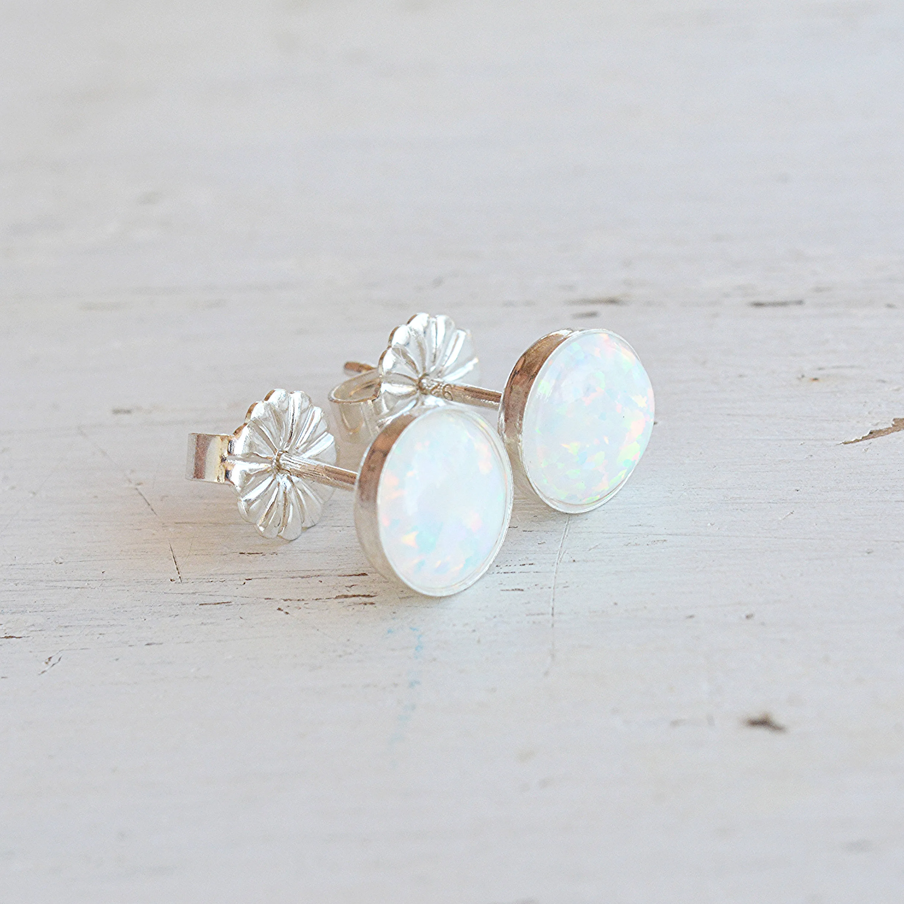 White Opal Earrings Sterling Silver 6mm