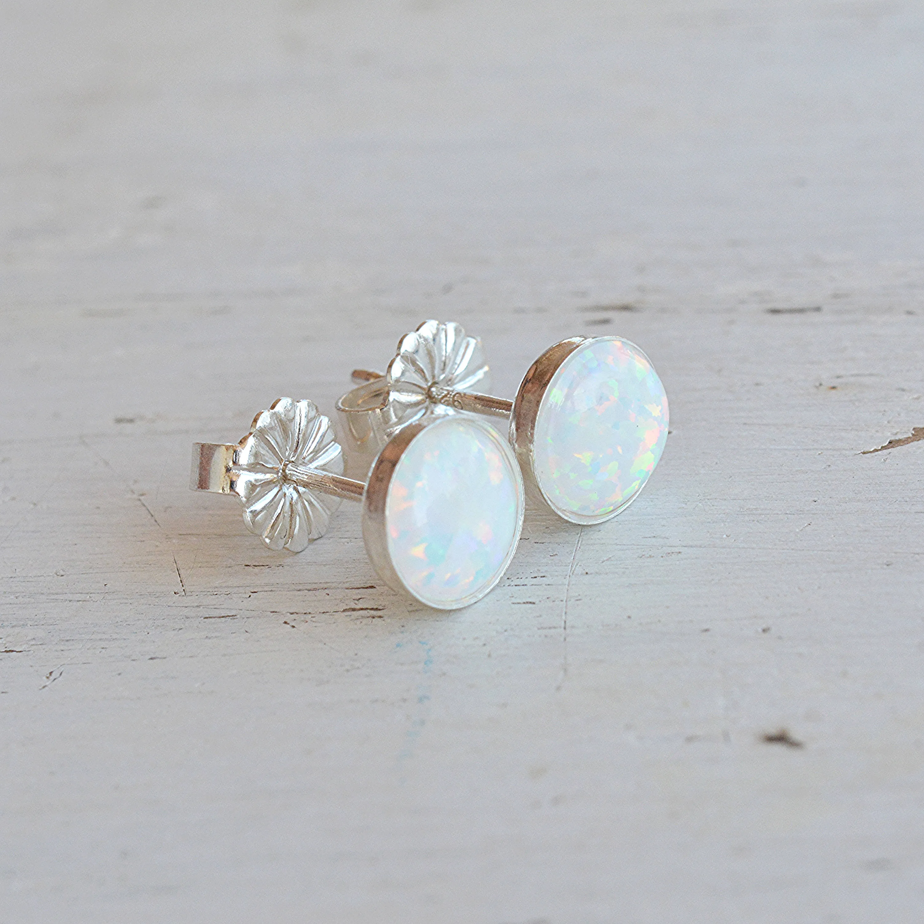 White Opal Earrings Sterling Silver 6mm