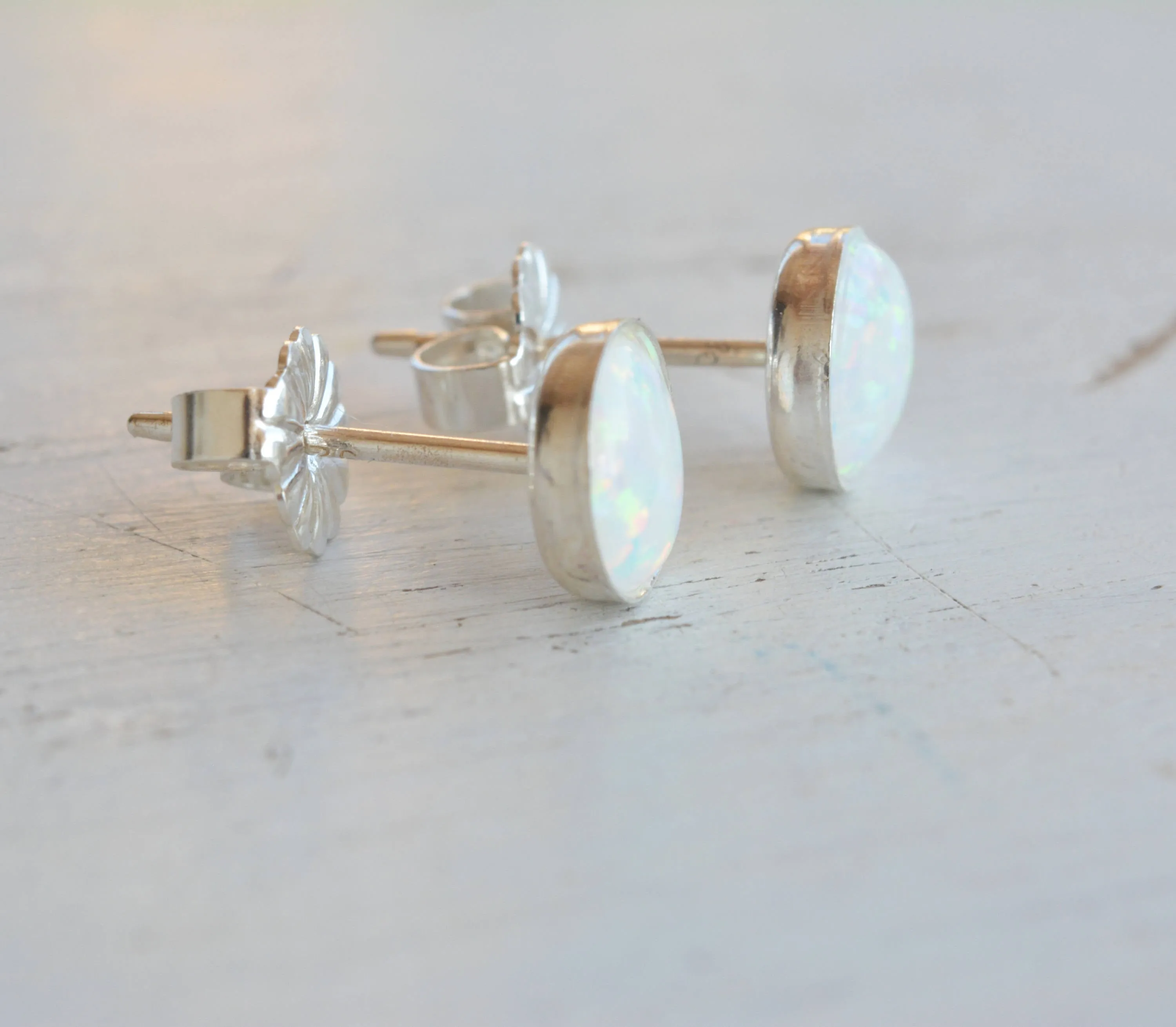 White Opal Earrings Sterling Silver 6mm