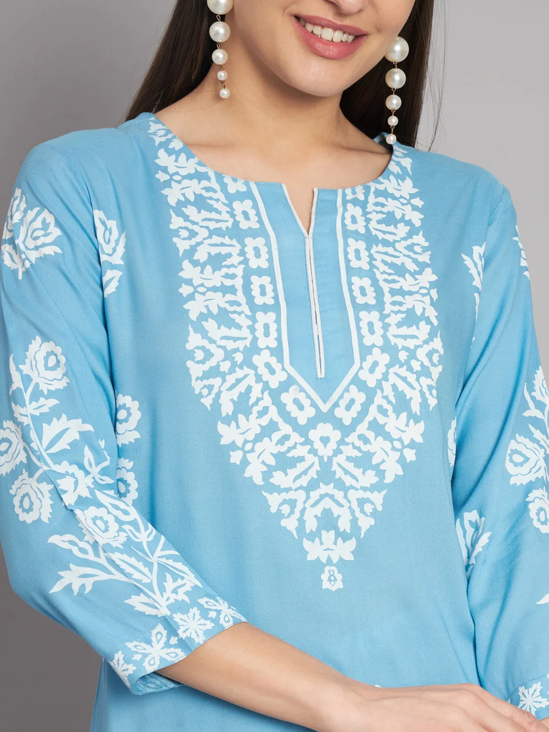 Women's Rayon Sky Blue Straight Kurta and Palazzo