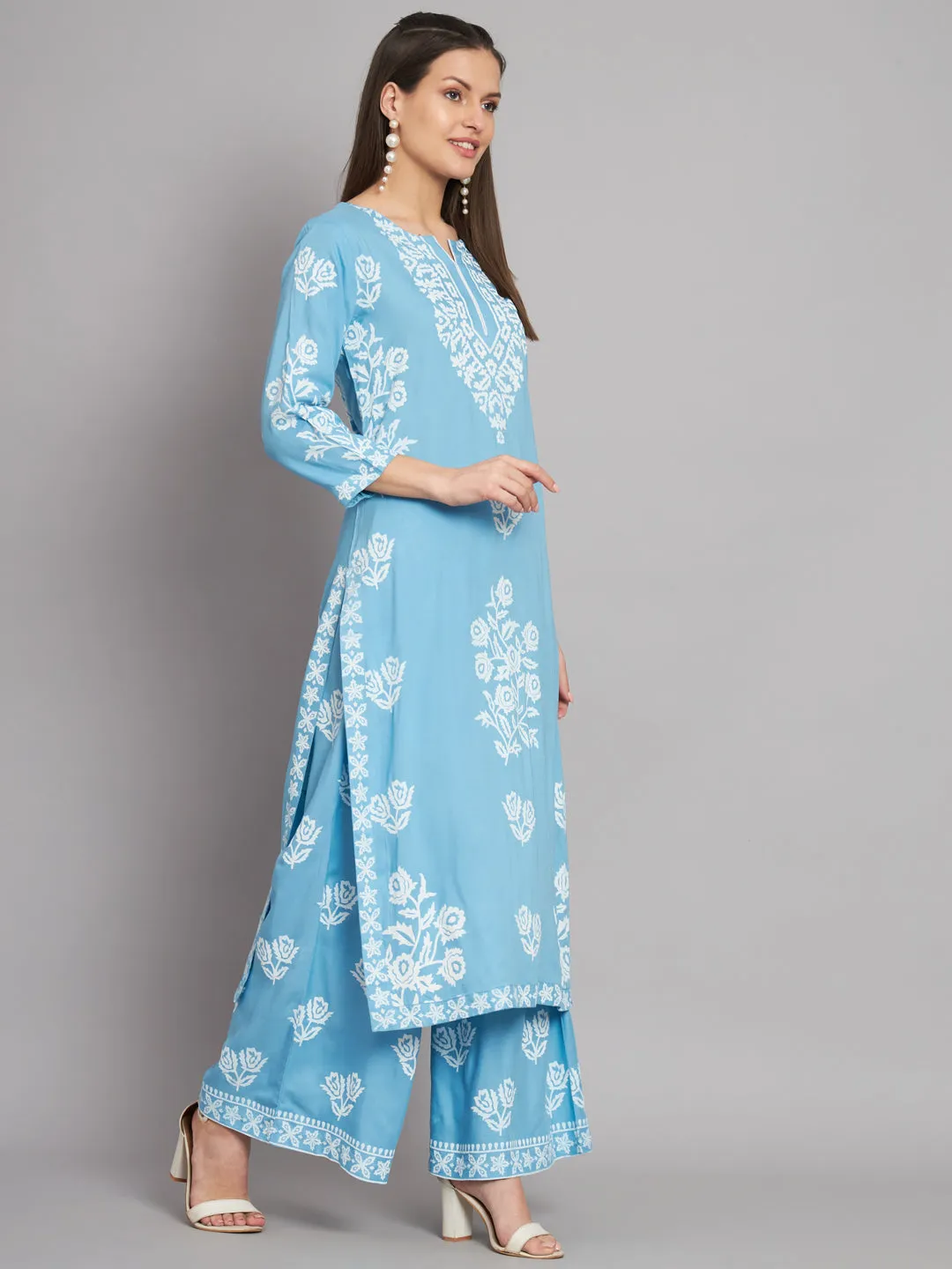 Women's Rayon Sky Blue Straight Kurta and Palazzo