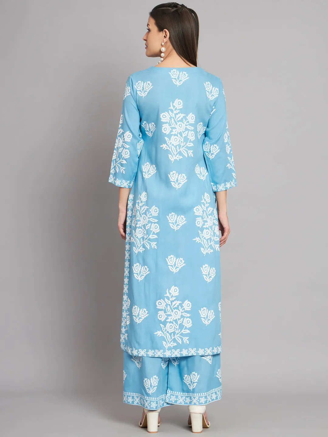 Women's Rayon Sky Blue Straight Kurta and Palazzo