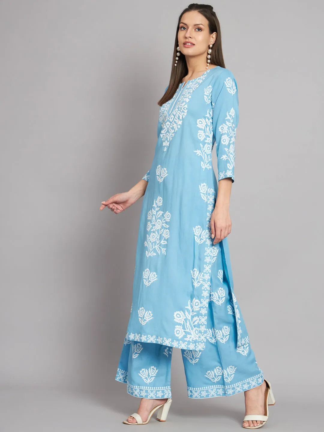 Women's Rayon Sky Blue Straight Kurta and Palazzo