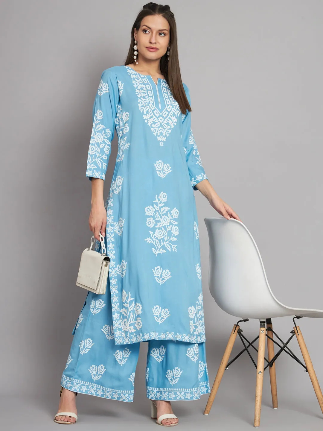 Women's Rayon Sky Blue Straight Kurta and Palazzo