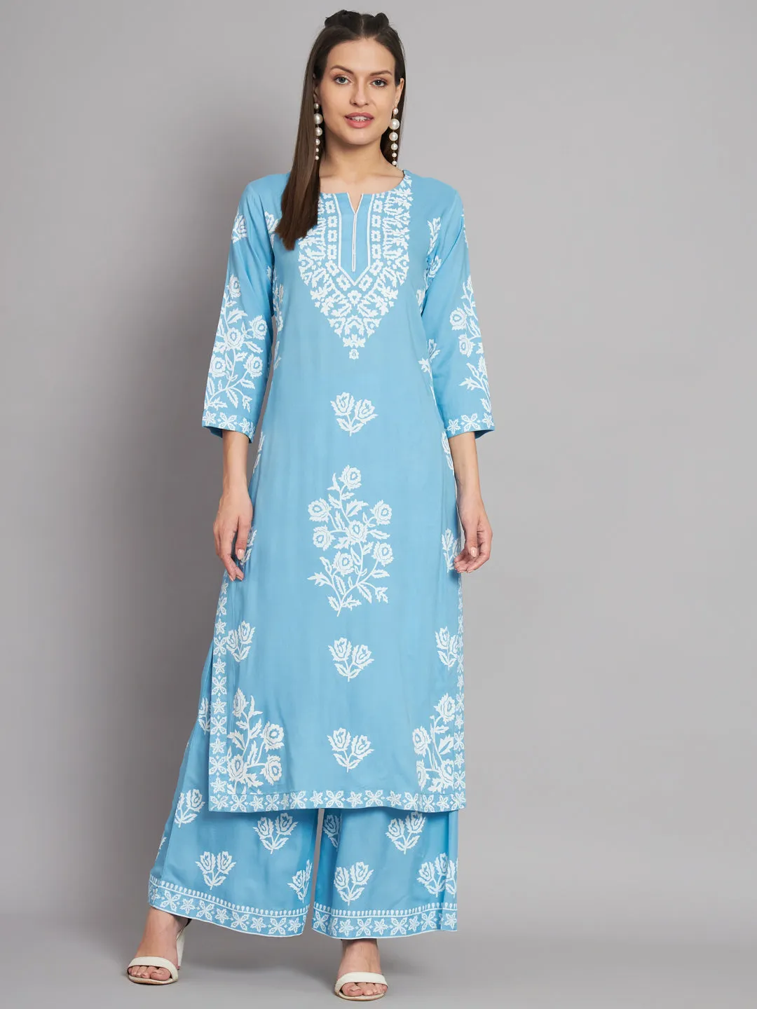 Women's Rayon Sky Blue Straight Kurta and Palazzo