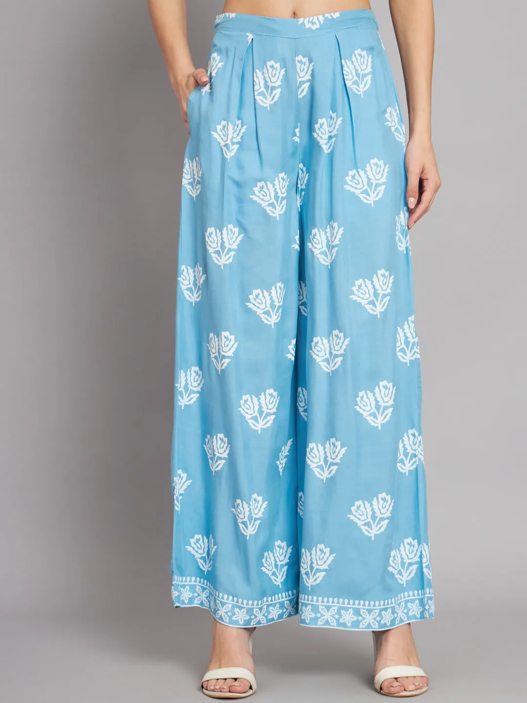 Women's Rayon Sky Blue Straight Kurta and Palazzo